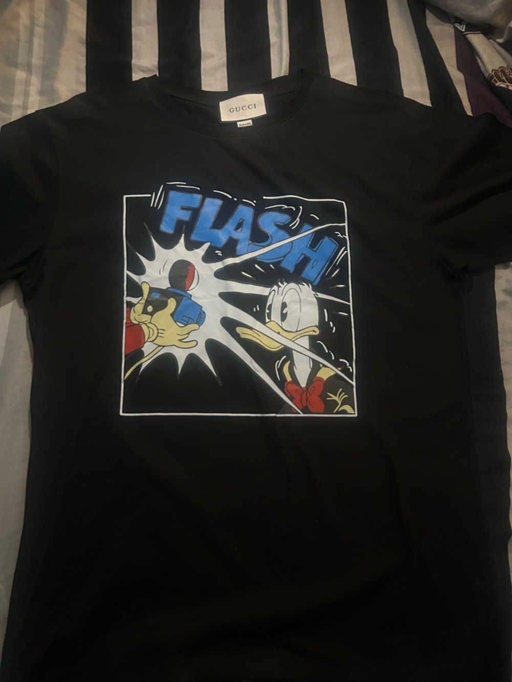 Gucci Black 'Flash' Donald Duck Graphic Tee with Blue and Red Accents